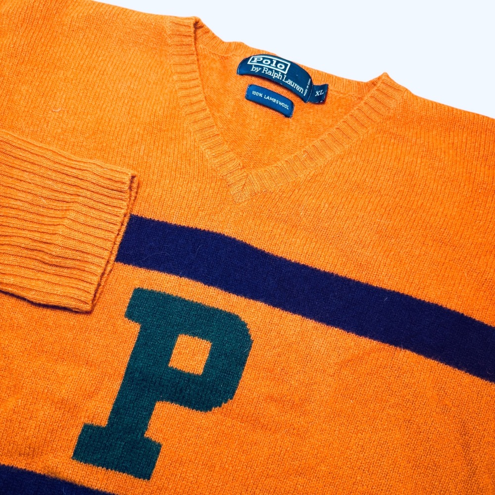 Polo Ralph Lauren Mens XL Lambswool V-Neck Sweater Orange Varsity Stripe Big P